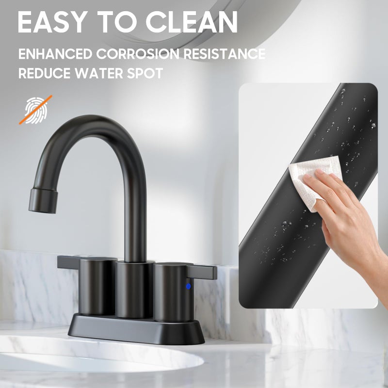 Phiestina 4 Inch 2 Handle Centerset Matte Black Lead-Free Modern Bathroom Faucet, 360 Swivel Spout 2-3 Hole RV Bathroom Vanity Sink Faucet with Pop Up Drain and Water Supply Lines,BF015-1-MB - Image 5